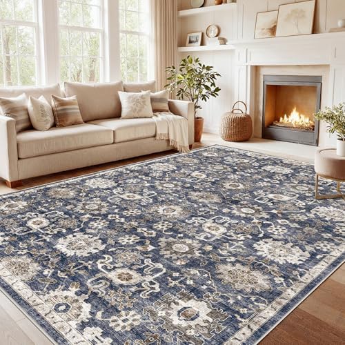 AMADA HOMEFURNISHING 8x10 Washable Area Rug, Low-Profile Large Area Rug with Non-Slip Backing & Durable Edge Binding, Vintage Large Rugs for Living Room, Bedroom, Dinning Room by AMADAHOMEFURNISHING