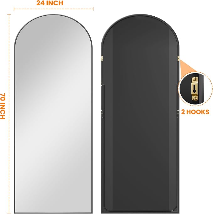 Arched Full Length Mirror, 70"x24" Standing Body Mirror for Wall, Black - Image 7