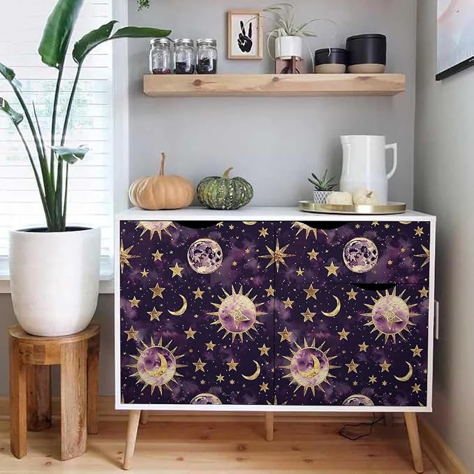 18"x236" Purple Gold Celestial Glittery Sun Star Peel and Stick Self Adhesive Wallpaper Removable Contact Paper Stick on Easy Peel Off Wall Paper for Kitchen Bedroom Bathroom Renter - Image 5