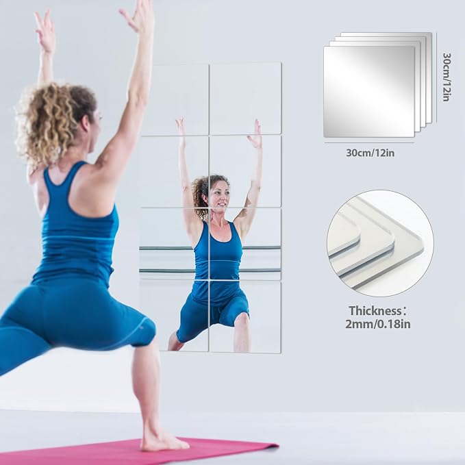 Abyssaly 4 Pack Acrylic Mirror Tiles, 7.87" x 7.87" Stick on Mirrors for Wall, Flexible Plastic Mirror Sheets Wall Stickers Small Espejos for Bedroom Home Gym Door, 2MM Thick Self Adhesive Mirrors - Image 6