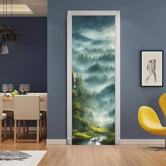REDAMANCY River Mountain Forest Green Landscape Nature Peel and Stick Door Stickers Vinyl Decals Decor Modern Self-Adhesive, Waterproof, Removable - Image 3