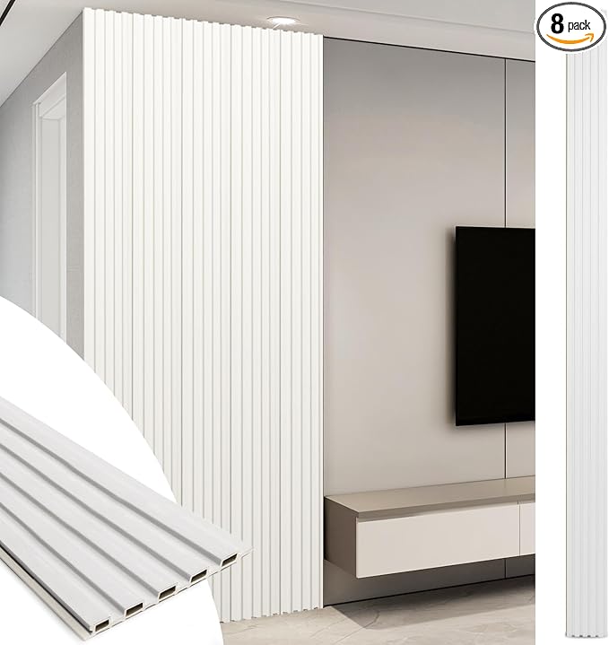 Art3d 108 x 6 in WPC Wood Slat Wall Panels, 3D Wall Accents, 8-Pack, White | Real Wood Grain, Durable, Water Resistant, Wear-Resistant, No Emission, Eco-Friendly, Easy to Care, for Living Room, Bedroom by Art3d