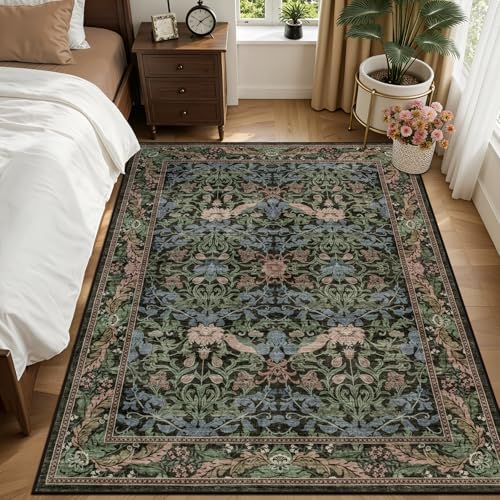 5x7 Area Rug Living Room: Soft Floral Washable Carpet Brown Green - Image 3