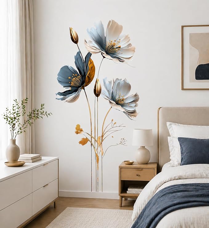 Blue & Gold Floral Wall Decal for Bedroom Living Room, Semi-Transparent Vinyl Peel and Stick Wall Sticker, Waterproof Removable Modern Flower Wall Art for White Walls - Image 5