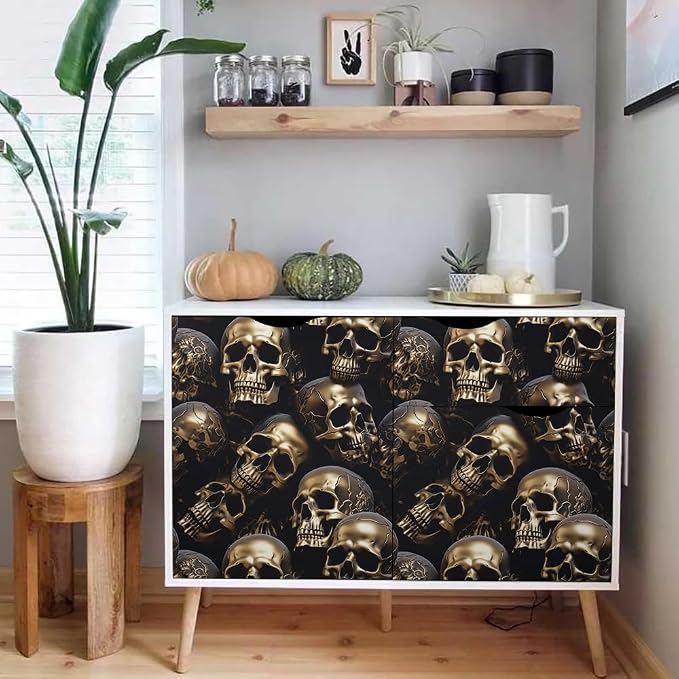 18"x236" Black Gold Creative Gothic Skull Peel and Stick Self Adhesive Wallpaper Removable Contact Paper Stick on Easy Peel Off Wall Paper for Kitchen Bedroom Bathroom Renter - Image 5