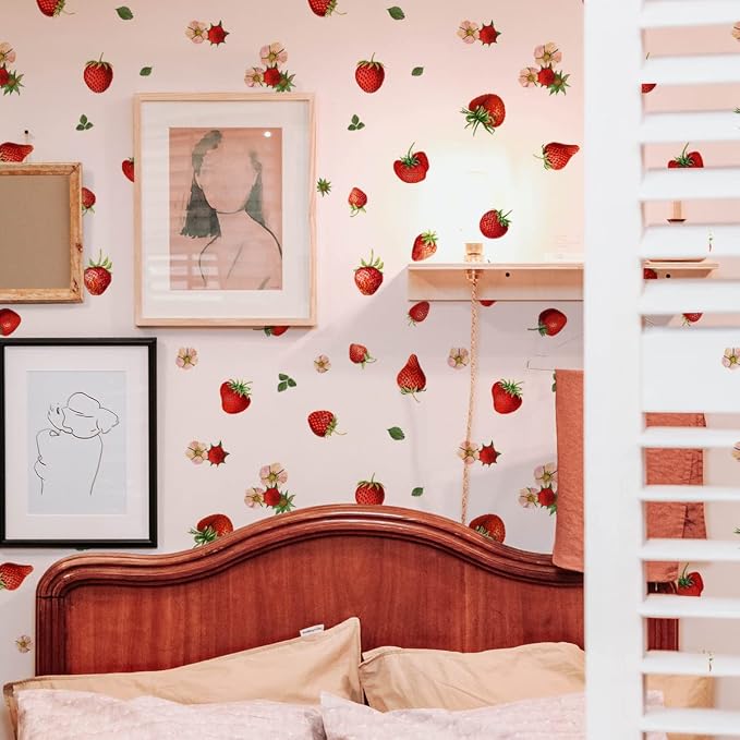 4 Sheets Removable New Strawberry Wall Decal Fresh Fruit Wall Decoration DIY Peel and Stick Wall Art Wallpaper for Bedroom Living Room Kid's Room Nursery Rental House Apartment Decoration - Image 3