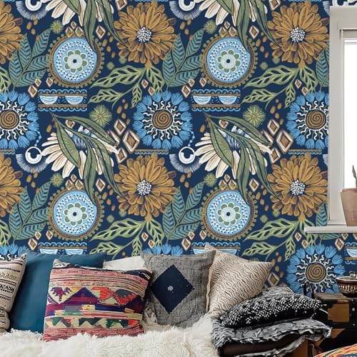 HAOKHOME Floral Peel and Stick Wallpaper Boho Navy Blue Mustard Bathroom | Renter Friendly Removable Textured Self Adhesive Wall Paper Retro Yellow Flowers Kitchen Bedroom Accent Decor 17.3in x 9.8ft - Image 4
