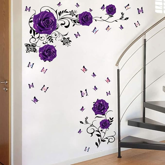 Supzone Purple Rose Wall Stickers Rose Flower Vine Wall Decal Purple Peony Floral Wall Decor DIY Vinyl Mural Art for Bedroom Living Room Sofa Backdrop - Image 3