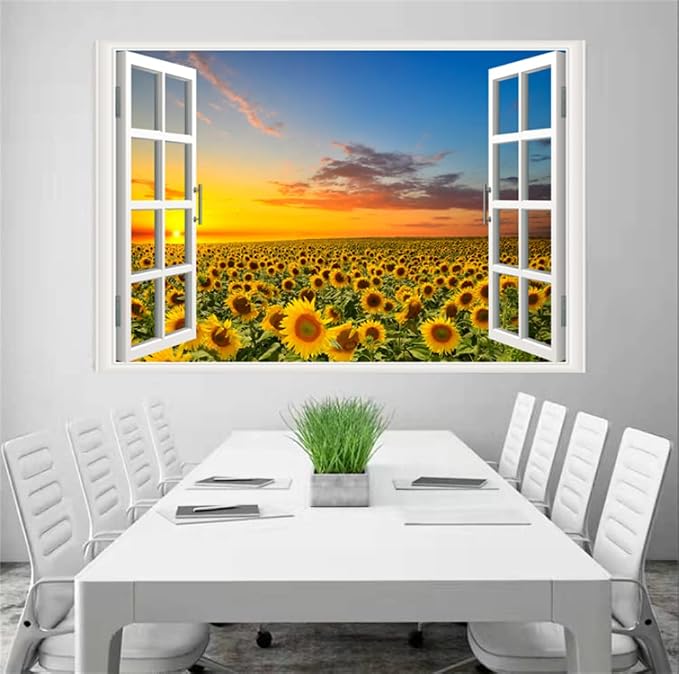 Self-Adhesive Wall Sticker Romantic Living Room Bedroom Study Office Decorative Wall Sticker Ocean Scenery Fake Window Sticker Mural (17.3"×27.6", Sunflower) - Image 3