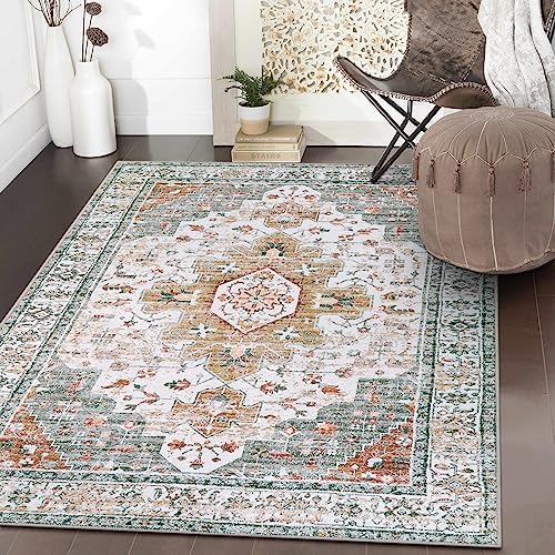 Moynesa Ultra-Thin Washable Area Rug - 3x5 Entryway Rug Washable Bedroom Rug Non Slip Front Door Mat, Vintage Medallion Printed Indoor Carpet for Living Laundry Bathroom Vanity Foyer, Beige/Gold by Moynesa