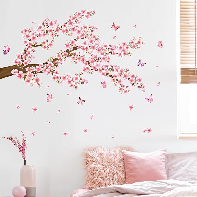 Pink Floral Wall Decal Cherry Blossom Wall Stickers Spring Flower Butterfly Room Decor Peel and Stick Pink Tree Branch Wall Sticker for Bedroom - Image 5