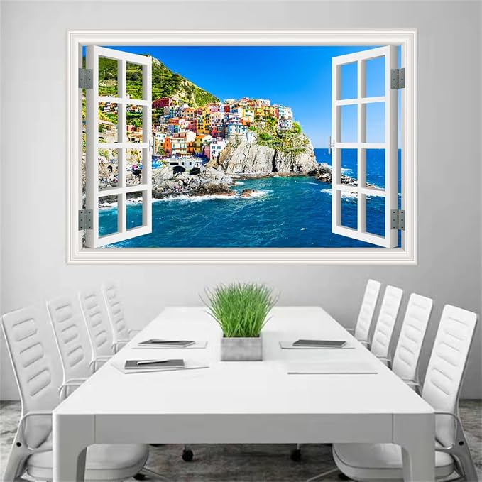 Self-Adhesive Wall Sticker Romantic Living Room Bedroom Study Office Decorative Wall Sticker Ocean Scenery Fake Window Sticker Mural (sea City, 32"×48") - Image 5