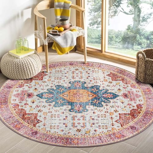 Moynesa Ultra-Thin Washable Round Rug - 4ft Pink Oriental Circle Area Rugs for Nursery Bedroom, Vintage Non Slip Non Shedding Low Pile Carpet for Living Room Coffee Table Entryway by Moynesa