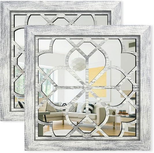 Set of 2 14 Inch Square Grey Window Pane Wall Mirrors, Shatterproof Rustic Farmhouse Boho Vintage Accent Mirrors for Living Room Bedroom Bathroom Entryway by HMANGE