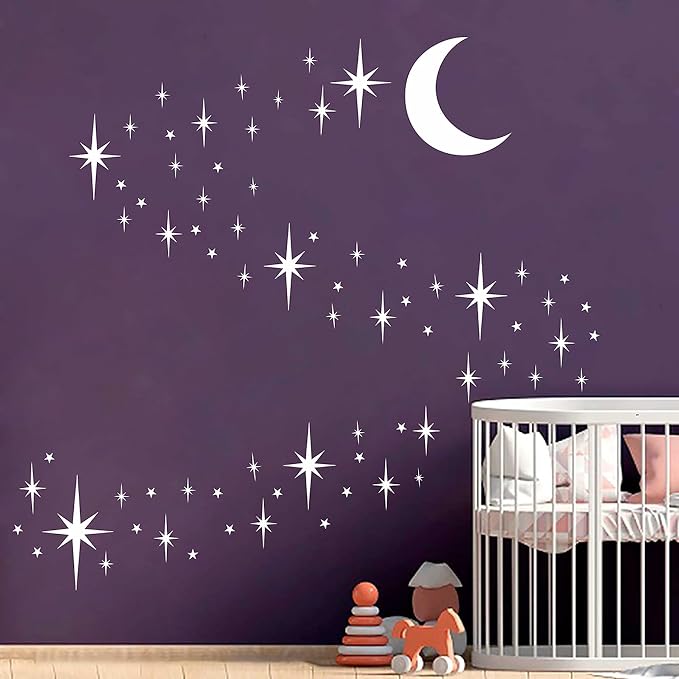 Retro Starburst Wall Decals Stars Wall Sticker Star Moon Vinyl Decal White | Celestial decor, sparkle moon wall stickers decoration, peel and stick, removable art mural, for bedroom living room nursery - Image 6