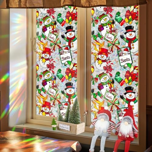 Christmas Stained Glass Window Cling Rainbow Tinted Window Film Privacy Stained Glass Window Decal Snowman Bow Candy Cane Windows Decals for Home School Xmas Party Decoration 17x 39.3 Inch by BHOOKA