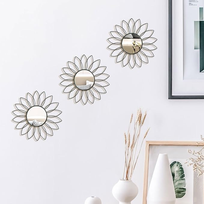 3 Pack Metal Mirrors for Wall Sunburst Wall Mirrors Home Décor Decorative Hanging Wall Art for Living Room Bedroom Entryway (Black2, Flowers) - Image 3