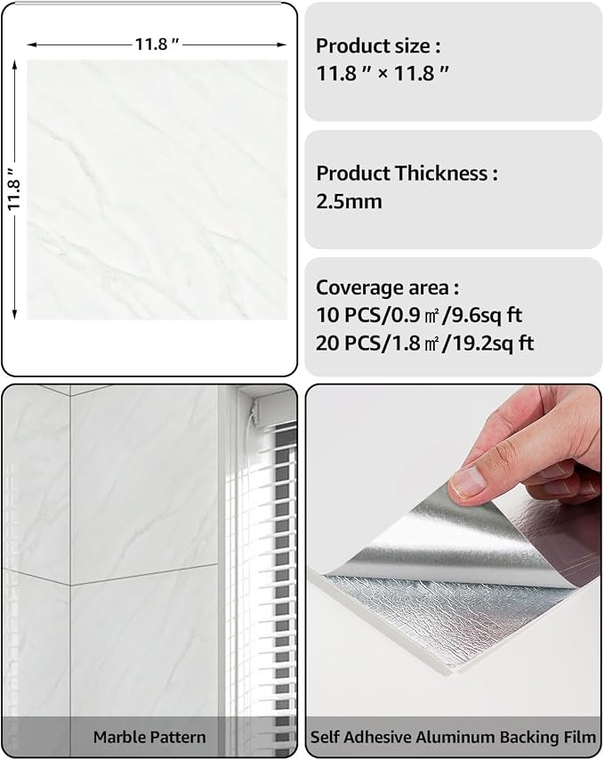 WADILE 20PC Waterproof Peel and Stick Wall Panels 11.8 x 11.8 Earl White | Marble look, Self adhesive, PVC Panels, Lightweight Foam Wall Panels, Bathroom, Kitchen, Not Real Tile - Image 2