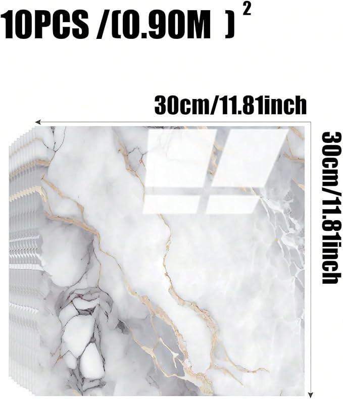 Chejiaye 10pcs Marble Peel and Stick Backsplash Waterproof Washroom Wall Panels, Peel and Stick Tile, PVC Foam Wall Panels for Kitchen,Bathroom,Living Room,Colorful (Not Real Tile,11.8" x 11.8") - Image 4
