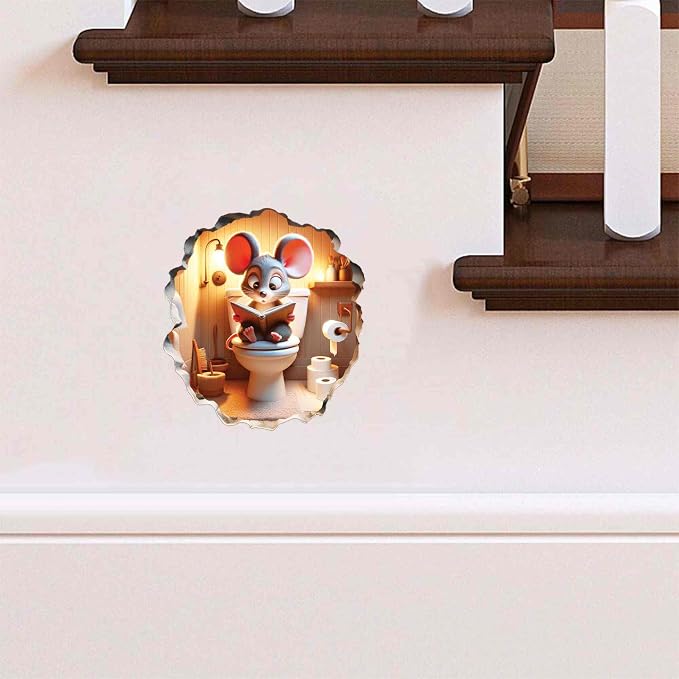 3D Mouse Sitting on Toilet - Mousehole Wall Sticker Decal - Removable Bathroom Decor - Kids Room - Peel & Stick - Whimsical Home Decor - MICESTERPIECE - Image 3