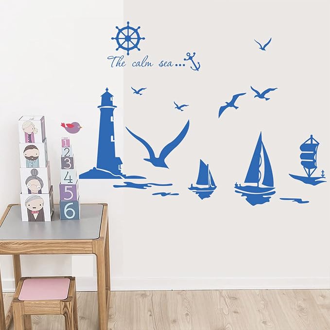 Large Sea Lighthouse Decor Wall Stickers Nautical Wall Decal with Seagulls Boat Wall Decals for Teen Decorations, Bedroom Bathroom Kids Room Nursery Decor - Image 5