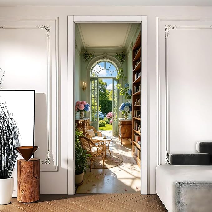Sunlit Reading Nook Peel and Stick Door Mural 30.31x78.74 in | Sunlit reading nook with a garden view; self-adhesive vinyl that smooths onto flat study or bedroom doors - Image 4