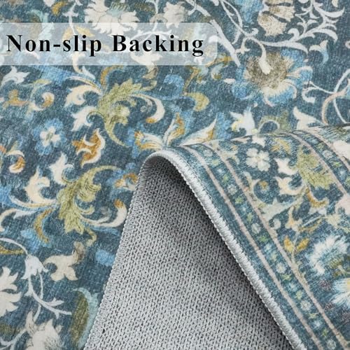 4x6 Living Room Area Rugs: Washable Boho Bedside Rugs Non Slip Low Pile Floral Small Carpet for Kitchen Bedroom Non-Shedding Floor Mat for Kids Room Office Dining Room(4x6 Floral/Blue) - Image 3