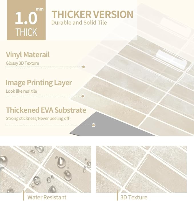 Peel and Stick Backsplash 3D Wall Tiles,Self-Adhesive,Oil Proof,Waterproof, Removable Wall Panels for Kitchen & Bathroom,Modern Design, Easy Install (10.7ft，12x9 inch,14 Pack) (Beige) - Image 5