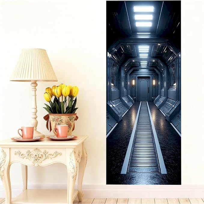Sci Fi Corridor Door Mural, Futuristic Space Door Cover | Waterproof PVC, 30.3" W x 78.7" L; futuristic corridor design for bedroom, game room, office or closet doors. - Image 4