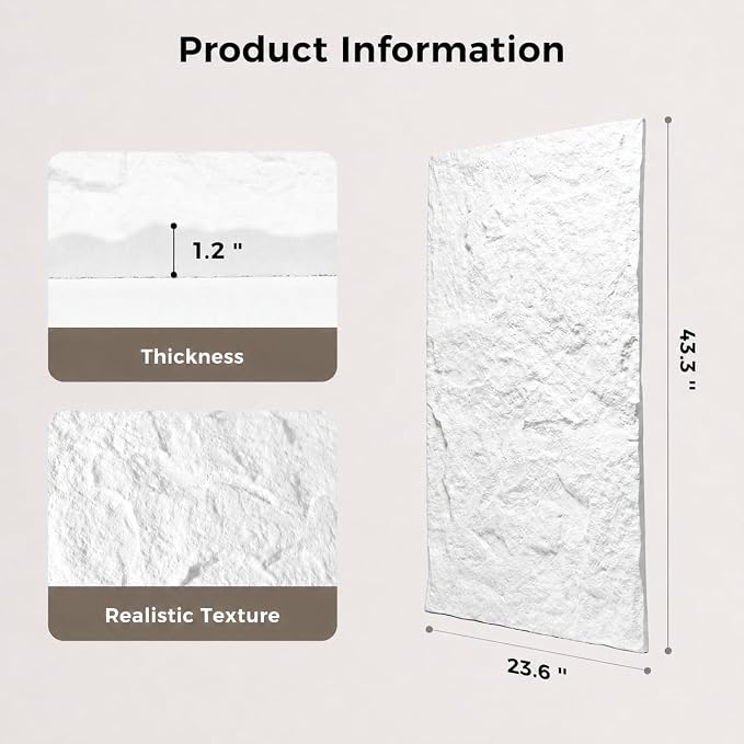 4Pcs Faux Stone Wall Panel 43.3''x23.6'',Lava Stone Design, White | PU Stone Wall Panel for Interior Wall Decor, Bedroom, Living Room, Office - Image 2
