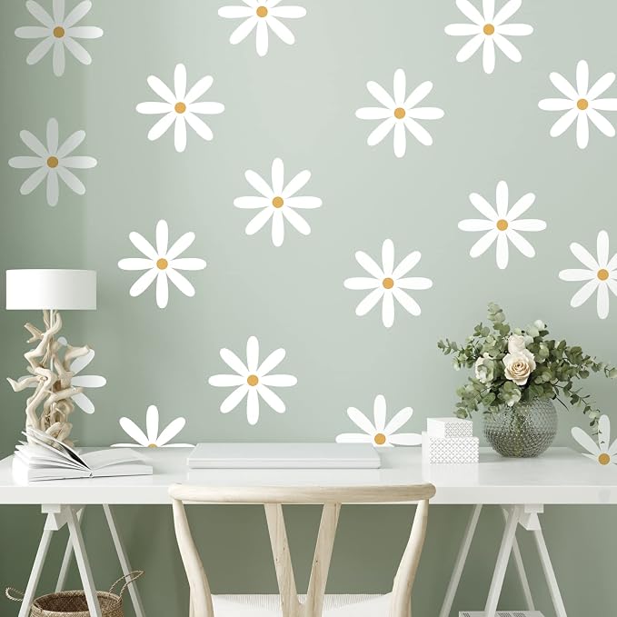 TaoBary 12 Sheet Daisy Wall Sticker Decal,White, Yellow,Fresh Style | Big Flower Wall Sticker, Pink White Floral Decal, Daisy Bedroom Room Decor, Removable Peel and Stick, Nursery Home Wall Decor - Image 4