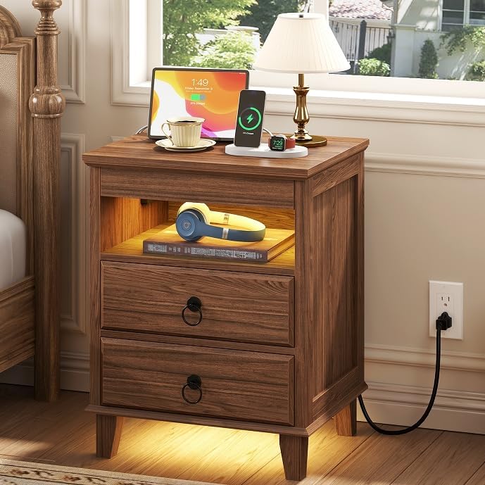 Yusong LED Night Stand with Gun Drawer, Bedside Table with Charging Station, Sofa Couch End Side Table with with 2 Drawers ＆Open Shelf for Bedroom, Brown - Image 6