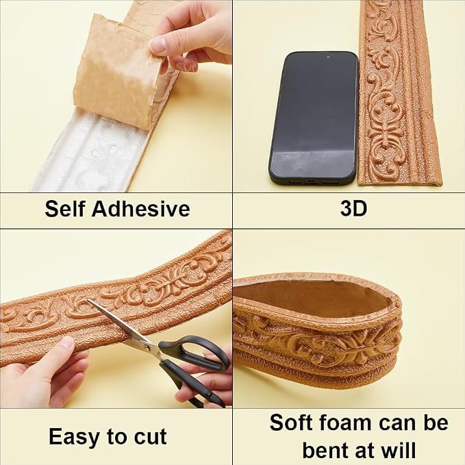 CRASPIRE 82.5 x 3 Inch Brown Crown Molding Peel and Stick Self Adhesive Flexible Foam Trim 3D Sticky Decorative Wallpaper Border Wall Edging Foam Baseboard Mirror Border Wall Lines Hotel DIY Decor - Image 6