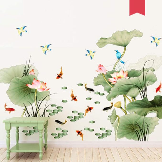 Lotus Flower Bird Fish Wall Decor Decal Sticker,Living Room PVC Mural Decorative Craft Wall Art Decoration Painting Large Removable Chinese Style - Image 4