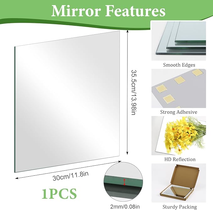 14 x 12'' Frameless Glass Wall Mirror Tile Self Adhesive, 2mm Thick - Image 2