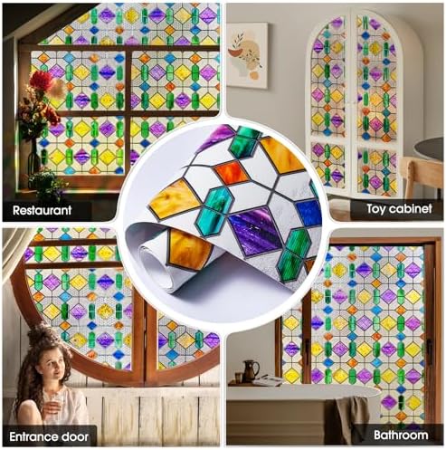 Stained Glass Window Film, 3D Geometric Privacy Static Cling, 23.6"x78.7" - Image 6