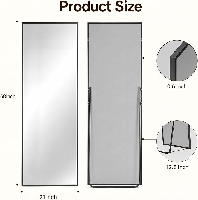 Antok Full Length Mirror, 58"x21" Floor Mirror with Stand, Black, Rect - Image 7