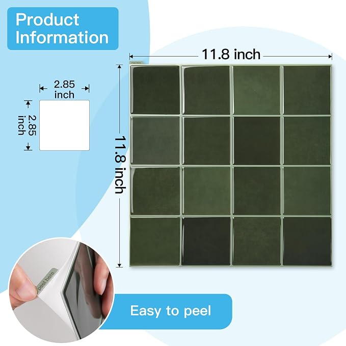 Art3d Grid Design Peel and Stick Backsplash, 10-Pack, 12 x 12 in, Green | Enhanced Thickness, Strong Adhesion, Moisture Resistant, Long-Lasting, Minimalist Look, DIY Friendly, for Kitchen Countertops - Image 6