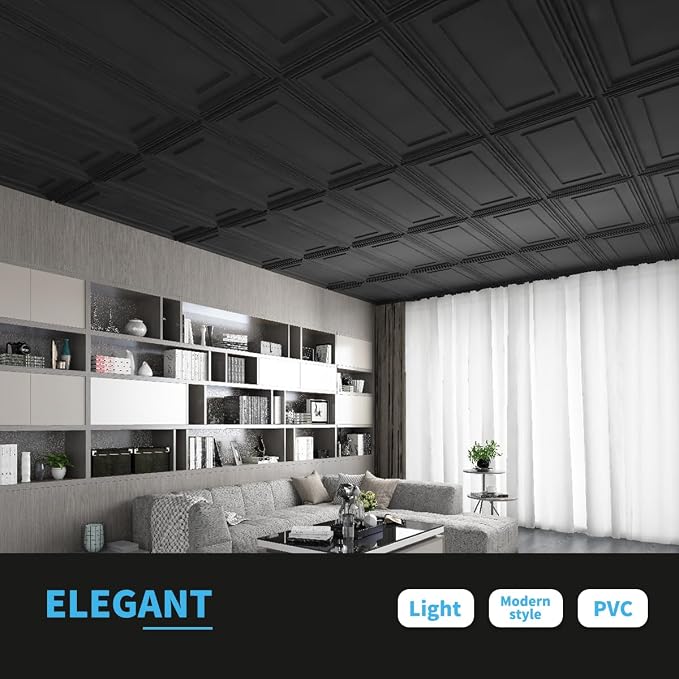 Art3d PVC Ceiling Tiles, 3D Plastic Sheet in Black, 2 x 2 ft, 12-Pack | Lightweight, Waterproof, No Sag and Breakage, Compatible with Grid System, Perfect for Basement, Kitchen - Image 2