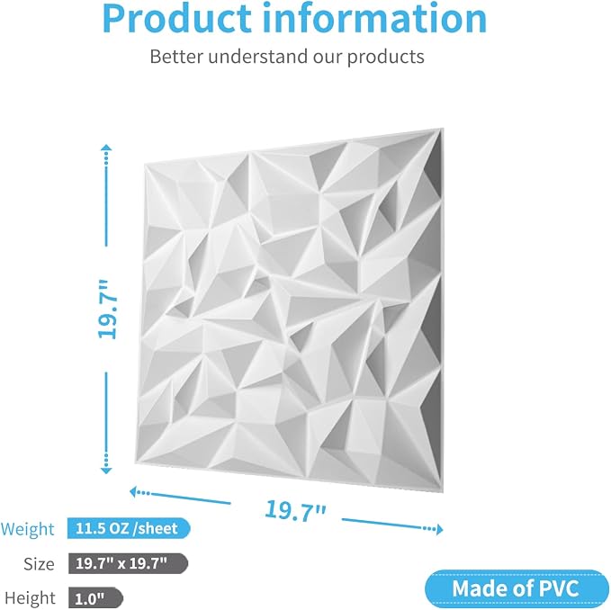 Art3d Textures 3D Wall Panels White Diamond Design for Interior Wall Decor Pack of 12 Tiles 32 Sq Ft (PVC) - Image 4
