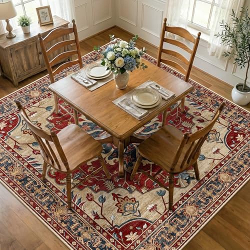 RELEANY Washable Area Rug, Square 7'x7', Red/Blue by RELEANY