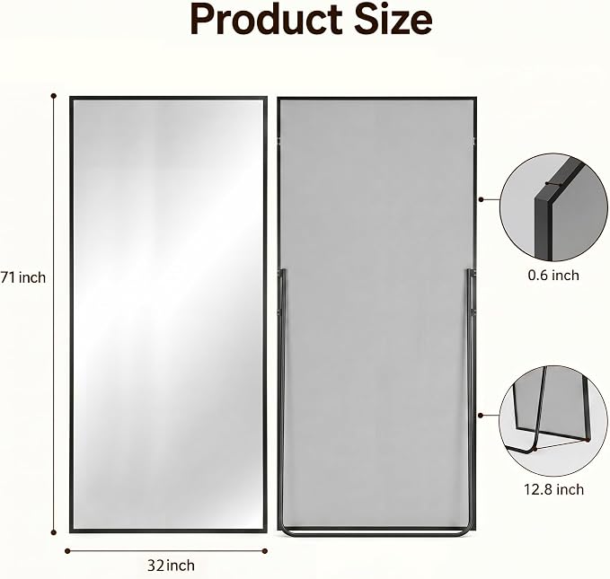 Antok Full Length Mirror, 71"x32" Floor Mirror with Stand, Black, Rect - Image 7