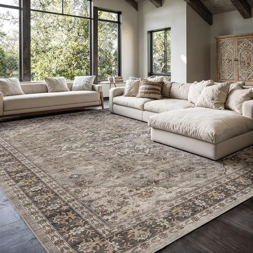 Area Rug 8x10 Washable,Vintage Non-Slip Low Pile Living Room Rugs Brown - Image 3