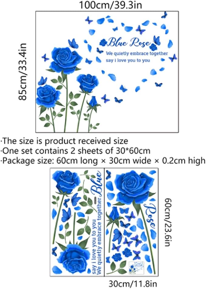 Blue Rose Wall Decals with Butterflies, Romantic Flower Wall Stickers with Quotes, Wall Art Decor for Bedroom Living Room, Blue Rose Petal Wall Mural for Room Rose Stickers - Image 2