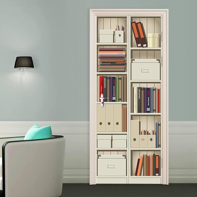 artfanke 3D Bookshelf Door Stickers Peel and Stick33.5 x84.6 - Self-Adhesive Door Murals Wallpaper - Waterproof Wall Decal for Living Room Bedroom Decor (2 Sheets/Set) - Image 5