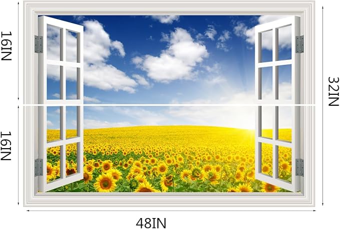 Fake Window Wall Decal- Summer Blooming Sunflowers Open Wall Art Sticker | Faux Window Natural Scenery Landscape Mural ｜ Stick and Peel Wall Decals｜Room Bedroom Office Decor｜48"x32",Set of 2 Sheets - Image 4
