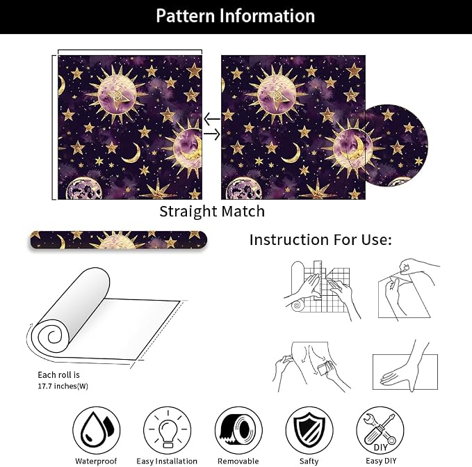 18"x236" Purple Gold Celestial Glittery Sun Star Peel and Stick Self Adhesive Wallpaper Removable Contact Paper Stick on Easy Peel Off Wall Paper for Kitchen Bedroom Bathroom Renter - Image 7