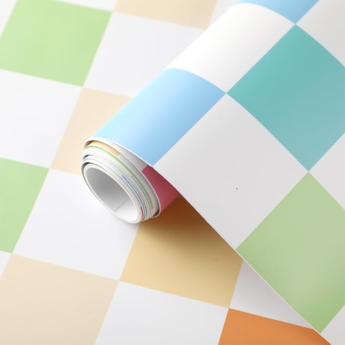 Drydiet Checkered Peel Stick Contact Paper Rainbow Color 15.75'' X 118" | Waterproof Self-adhesive Tile for Bathroom, Cabinet Walls, Vintage Gingham Funky Decor, Removable Peel off Wallpaper - Image 2