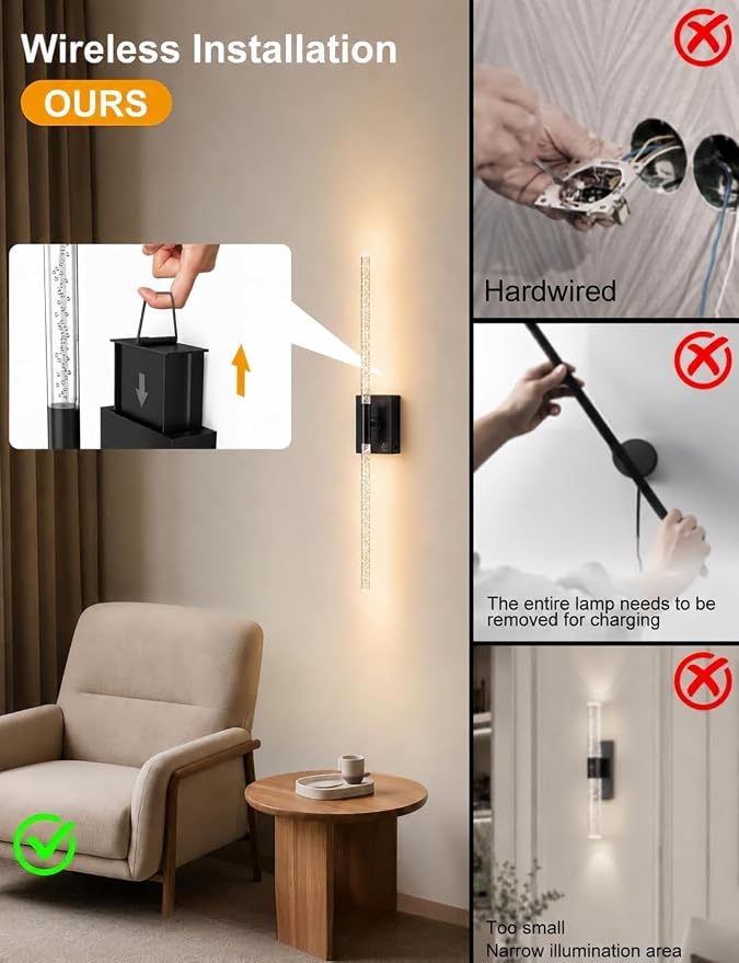 Crystal Bubble Rechargeable Wall Sconces Set of 2, Wireless Modern Lights | 10000mAh, Remote Control, 3000K-6000K Dimmable, 360° Adjustable, Ambient Lighting for Living Room, Bedroom, Picture, Bathroom - Image 5