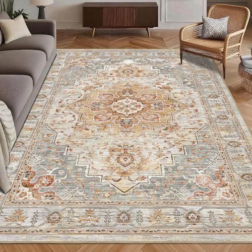 Washable Area Rug 8' x 10' Vintage Traditional Persian Mat - Foldable Distressed Non-Slip Machine Washable Carpet for Living Room Bedroom Kitchen Home Decor - Dove Gray and Coral by Unknown